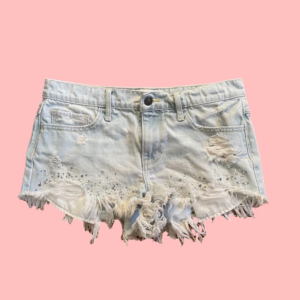 Rhinestone light washed distressed booty shorts